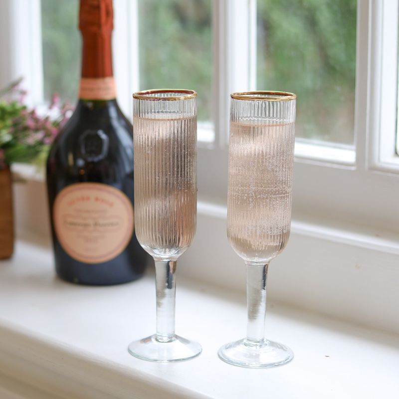 Culinary Concepts Set Of Two Ribbed Recycled Glass Champagne Flutes With Gold Rim | PERFECTLY IMPERFECT
