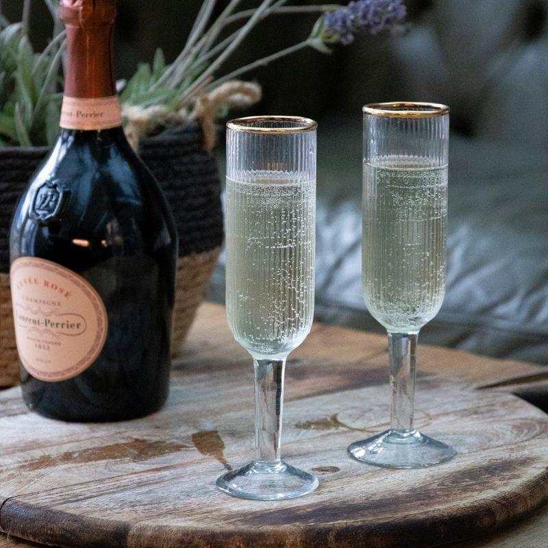 Culinary Concepts Set Of Two Ribbed Recycled Glass Champagne Flutes With Gold Rim | PERFECTLY IMPERFECT