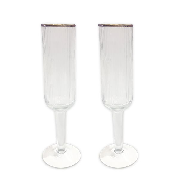 culinary concepts Set of Two Ribbed Recycled Glass Champagne Flutes with Gold Rim | PERFECTLY IMPERFECT