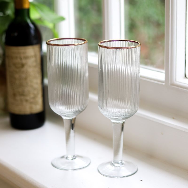 Culinary Concepts Set Of Two Ribbed Recycled Glass Wine Glasses With Gold Rim| PERFECTLY IMPERFECT