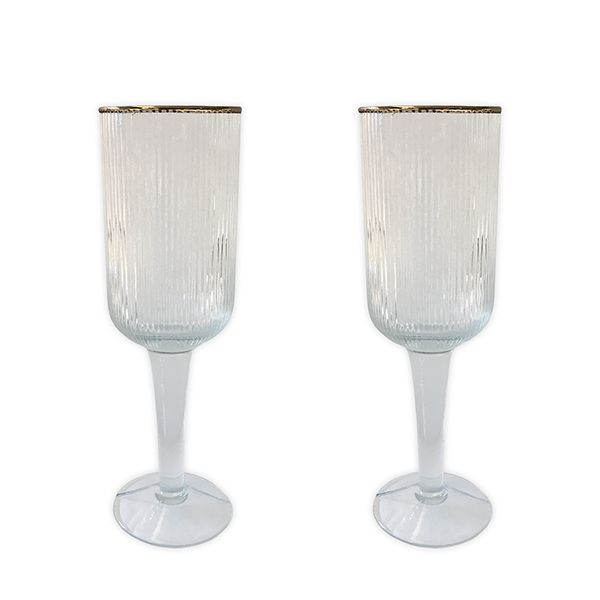 culinary concepts Set of Two Ribbed Recycled Glass Wine Glasses with Gold Rim| PERFECTLY IMPERFECT