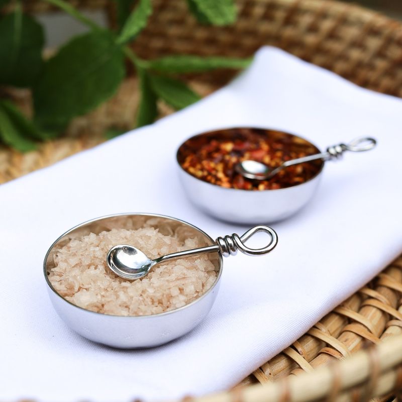 Culinary Concepts Set Of Two Salt Bowls And Polished Knot Salt Spoons