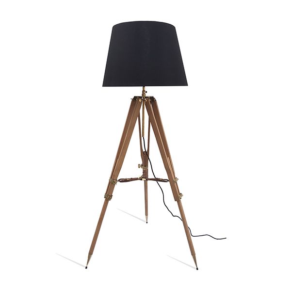 culinary concepts Wooden Tripod Light with Leather and Brass Detailing