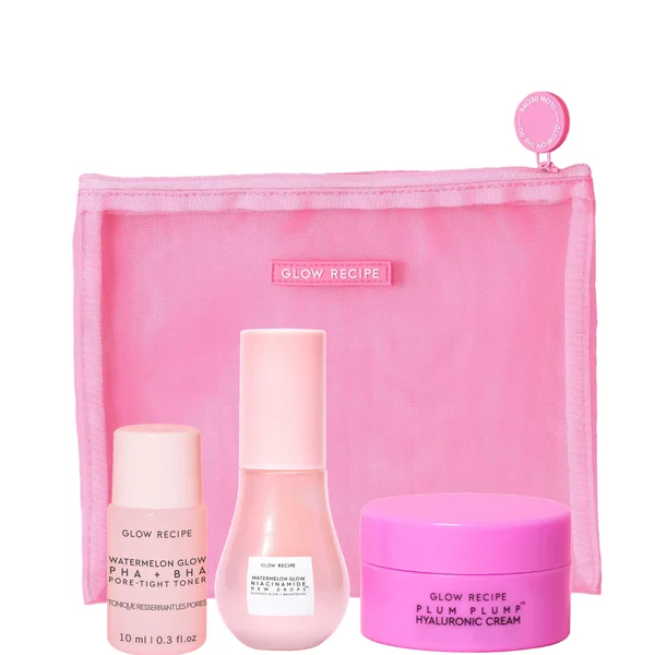 cult Glow Recipe Bestsellers Travel Trio: Watermelon Toner Dew Drops and Plum Cream in Pink Mesh Pouch