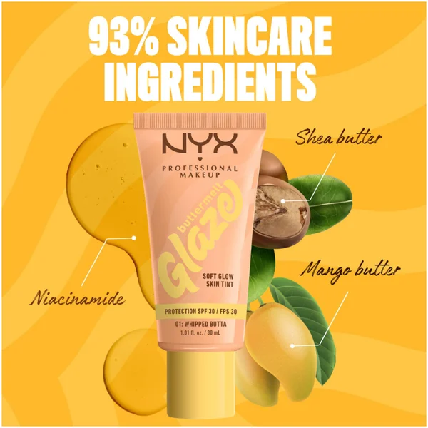 Cult NYX Professional Makeup Buttermelt Glaze Soft Glow Skin Tint + SPF/FPS 30 Foundation (Various Shades)