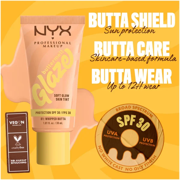 Cult NYX Professional Makeup Buttermelt Glaze Soft Glow Skin Tint + SPF/FPS 30 Foundation (Various Shades)