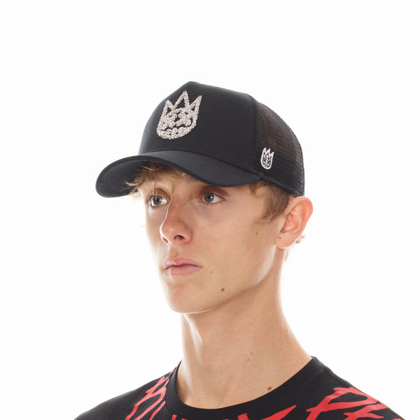 Cult Of Individuality CLEAN CRYSTAL LOGO MESH BACK TRUCKER CURVED VISOR IN BLACK Hats