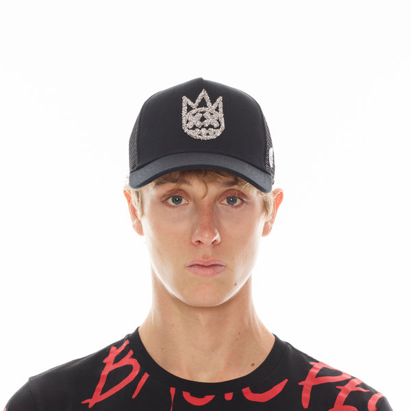 cult of individuality CLEAN CRYSTAL LOGO MESH BACK TRUCKER CURVED VISOR IN BLACK Hats