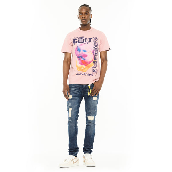 Cult Of Individuality Cult's Heavyweight Short Sleeve Crew Neck Tee "Cult Records" In Silver Pink Tshirt