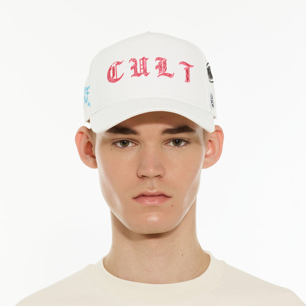 Cult Of Individuality Cult's Logo Mesh Back Trucker Hat "Cult Community" In Winter White Hats