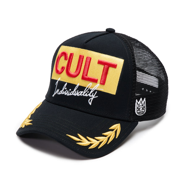 Cult Of Individuality Cult's Logo Mesh Back Trucker Hat "Cult Racing" In Black Hats