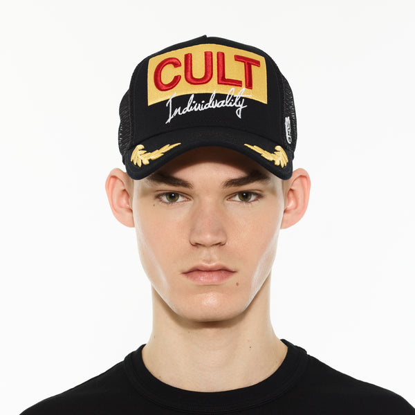 Cult Of Individuality Cult's Logo Mesh Back Trucker Hat "Cult Racing" In Black Hats