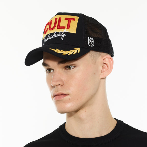 Cult Of Individuality Cult's Logo Mesh Back Trucker Hat "Cult Racing" In Black Hats