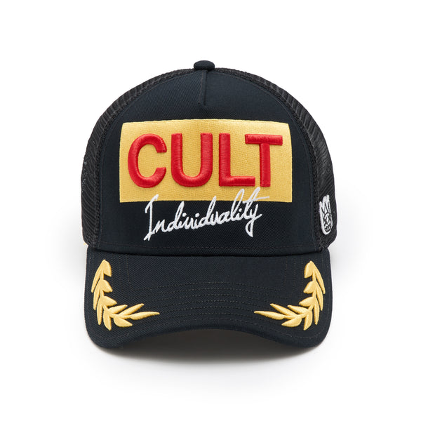 cult of individuality Cult's Logo Mesh Back Trucker Hat "Cult Racing" in Black Hats