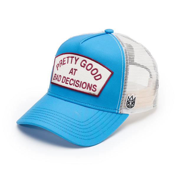 Cult Of Individuality Cult's Logo Mesh Back Trucker Hat "Good At Bad Decisions" In Rhubarb Hats