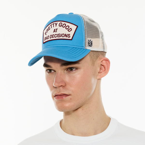 Cult Of Individuality Cult's Logo Mesh Back Trucker Hat "Good At Bad Decisions" In Rhubarb Hats