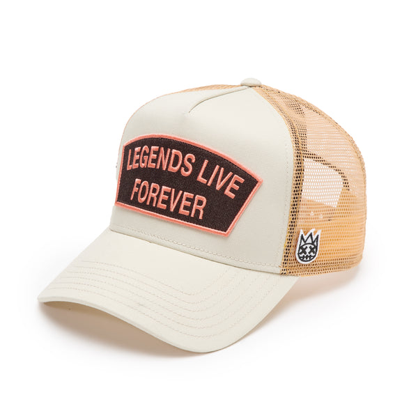 Cult Of Individuality Cult's Logo Mesh Back Trucker Hat "Legends Live Forever" In White Swan Hats