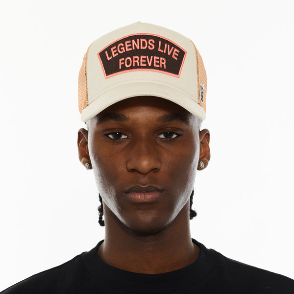 Cult Of Individuality Cult's Logo Mesh Back Trucker Hat "Legends Live Forever" In White Swan Hats