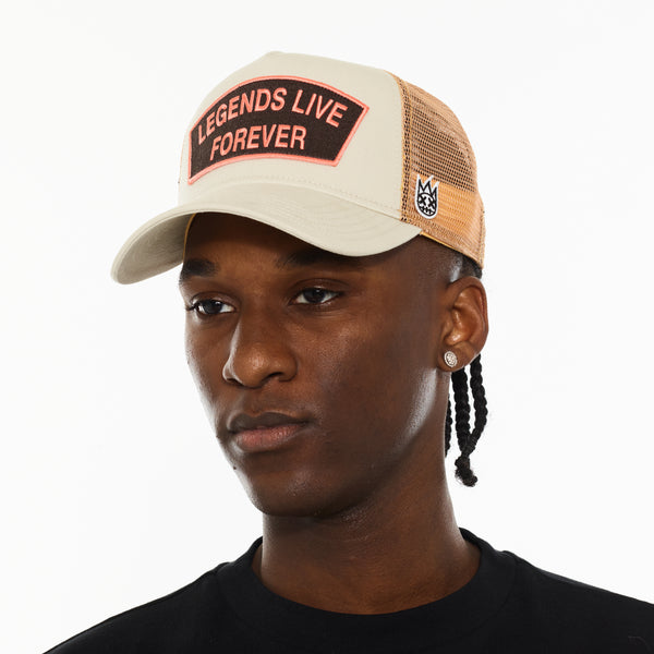 Cult Of Individuality Cult's Logo Mesh Back Trucker Hat "Legends Live Forever" In White Swan Hats