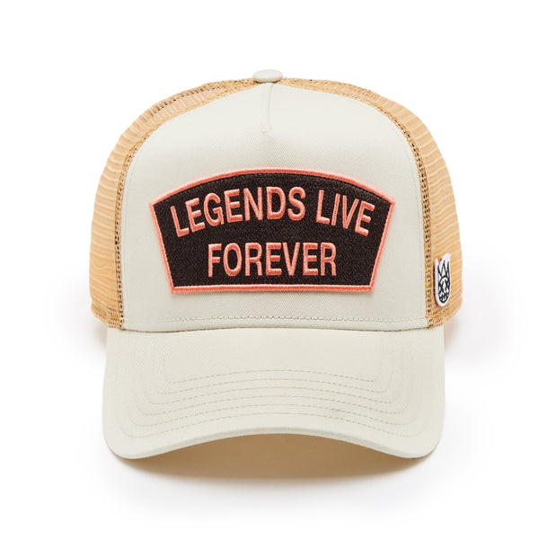 cult of individuality Cult's Logo Mesh Back Trucker Hat "Legends Live Forever" in White Swan Hats cult of individuality Cult's Logo Mesh Back Trucker Hat "Legends Live Forever" in White Swan Hats