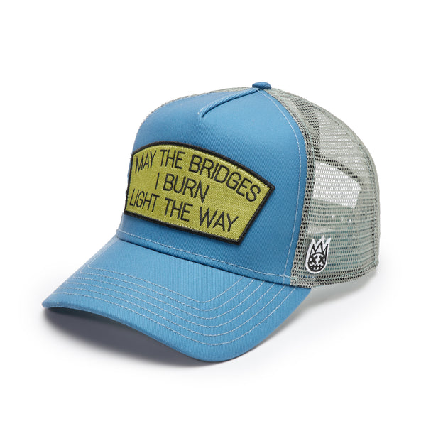 Cult Of Individuality Cult's Logo Mesh Back Trucker Hat "May The Bridges I Burn" In Blue Steel Hats