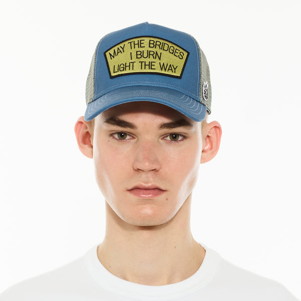 Cult Of Individuality Cult's Logo Mesh Back Trucker Hat "May The Bridges I Burn" In Blue Steel Hats