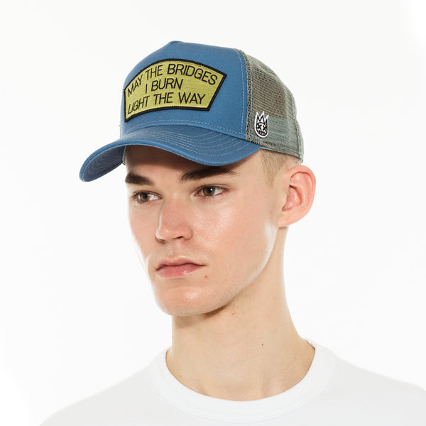 Cult Of Individuality Cult's Logo Mesh Back Trucker Hat "May The Bridges I Burn" In Blue Steel Hats