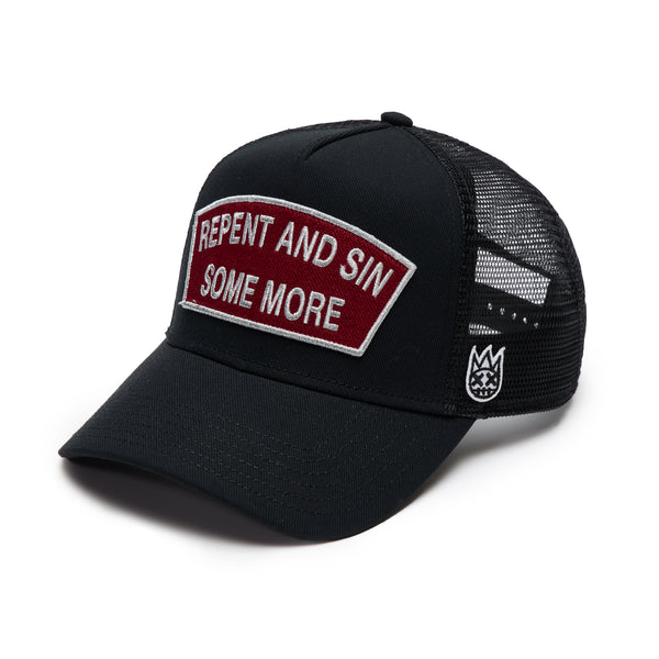 Cult Of Individuality Cult's Logo Mesh Back Trucker Hat "Repent And Sin Some More" In Black Hats