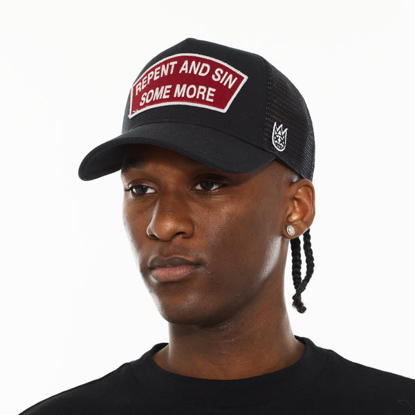 Cult Of Individuality Cult's Logo Mesh Back Trucker Hat "Repent And Sin Some More" In Black Hats