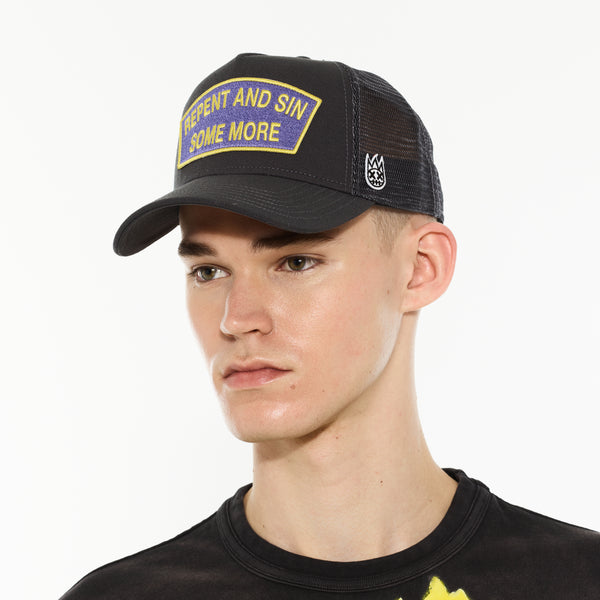 Cult Of Individuality Cult's Logo Mesh Back Trucker Hat "Repent And Sin Some More" In Forged Iron Hats