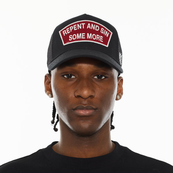 Cult Of Individuality Cult's Logo Mesh Back Trucker Hat "Repent And Sin Some More" In Black Hats