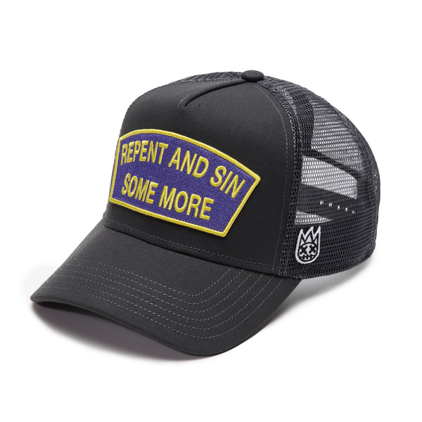 Cult Of Individuality Cult's Logo Mesh Back Trucker Hat "Repent And Sin Some More" In Forged Iron Hats