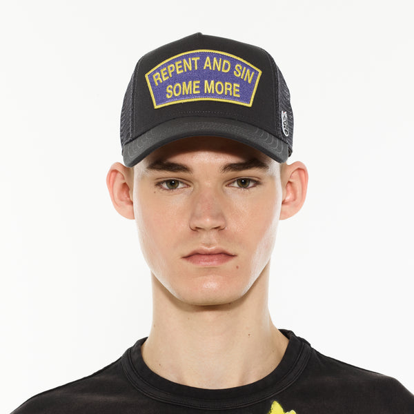 Cult Of Individuality Cult's Logo Mesh Back Trucker Hat "Repent And Sin Some More" In Forged Iron Hats