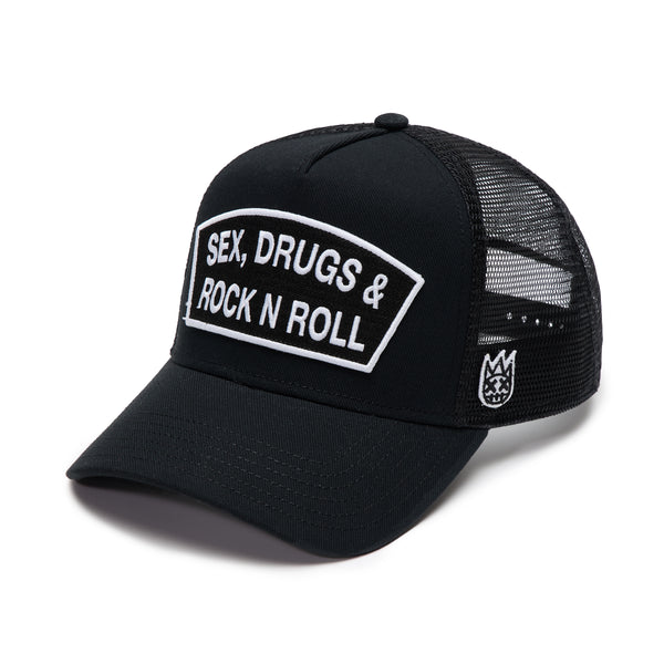 Cult Of Individuality Cult's Logo Mesh Back Trucker Hat "Sex Drugs Rock N Roll" In Black Hats