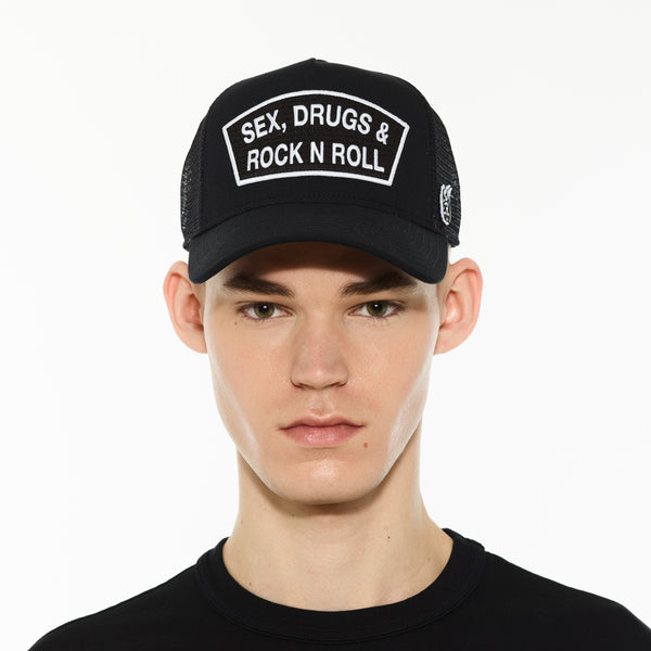 Cult Of Individuality Cult's Logo Mesh Back Trucker Hat "Sex Drugs Rock N Roll" In Black Hats