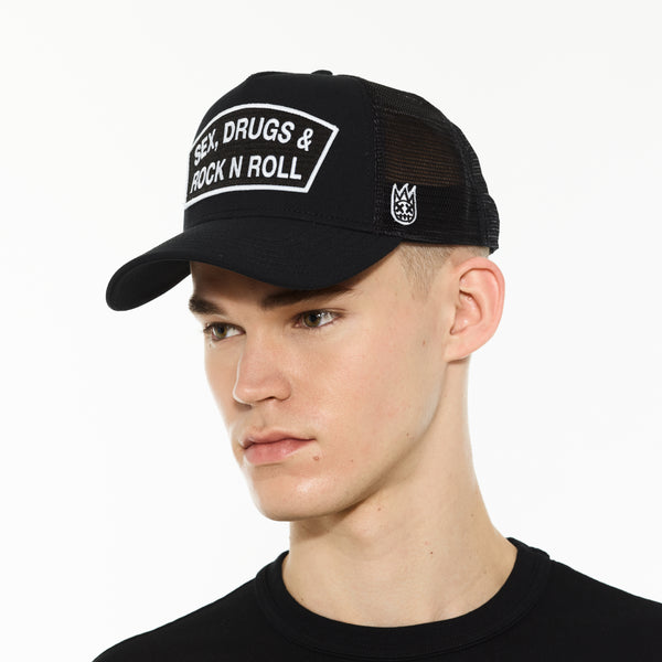 Cult Of Individuality Cult's Logo Mesh Back Trucker Hat "Sex Drugs Rock N Roll" In Black Hats
