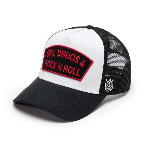 Cult Of Individuality Cult's Logo Mesh Back Trucker Hat "Sex Drugs Rock N Roll" In White Hats