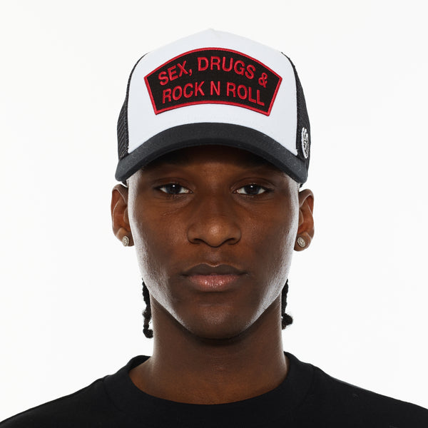 Cult Of Individuality Cult's Logo Mesh Back Trucker Hat "Sex Drugs Rock N Roll" In White Hats