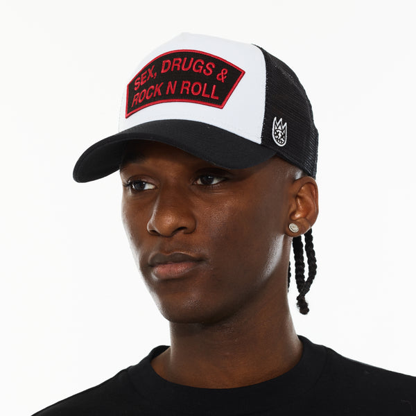 Cult Of Individuality Cult's Logo Mesh Back Trucker Hat "Sex Drugs Rock N Roll" In White Hats