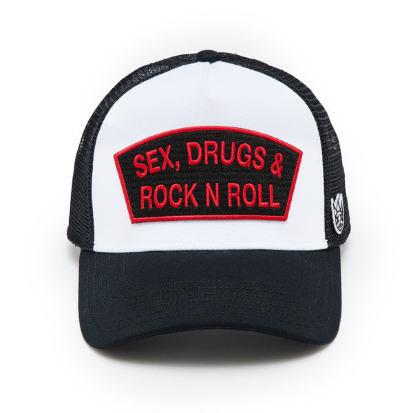 cult of individuality Cult's Logo Mesh Back Trucker Hat "Sex Drugs Rock N Roll" in White Hats