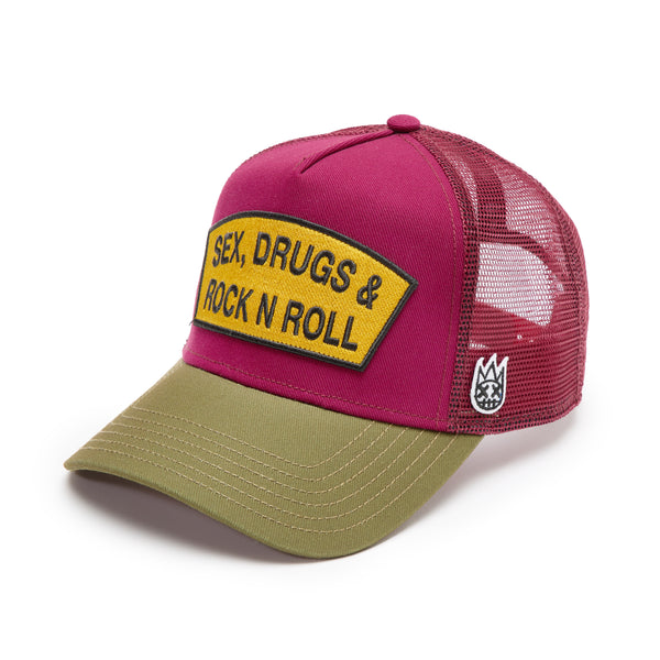 Cult Of Individuality Cult's Logo Mesh Back Trucker Hat "Sex Drugs Rock N Roll" In Rumba Red Hats