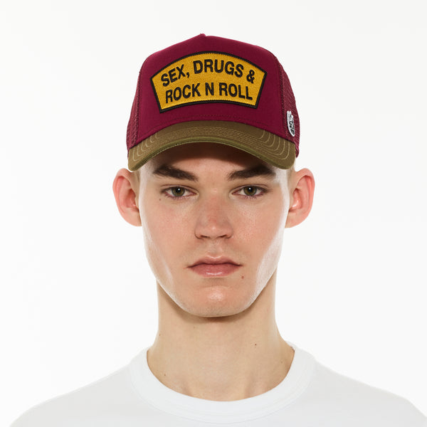 Cult Of Individuality Cult's Logo Mesh Back Trucker Hat "Sex Drugs Rock N Roll" In Rumba Red Hats