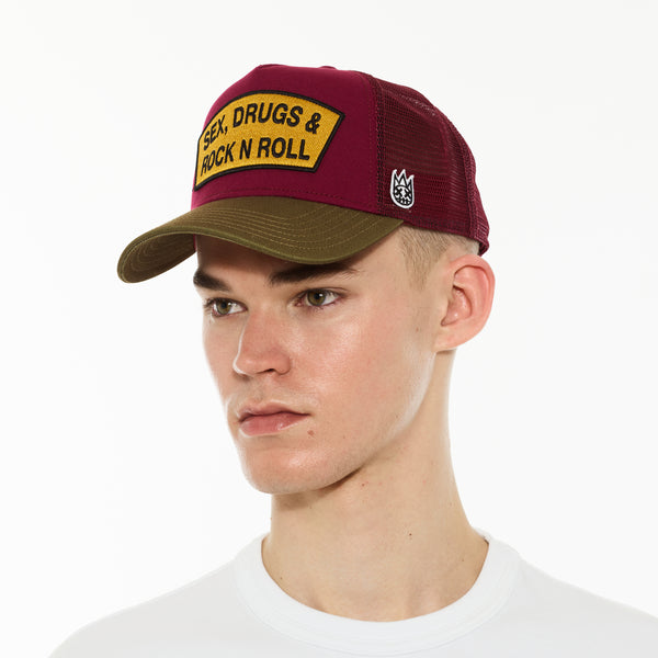 Cult Of Individuality Cult's Logo Mesh Back Trucker Hat "Sex Drugs Rock N Roll" In Rumba Red Hats