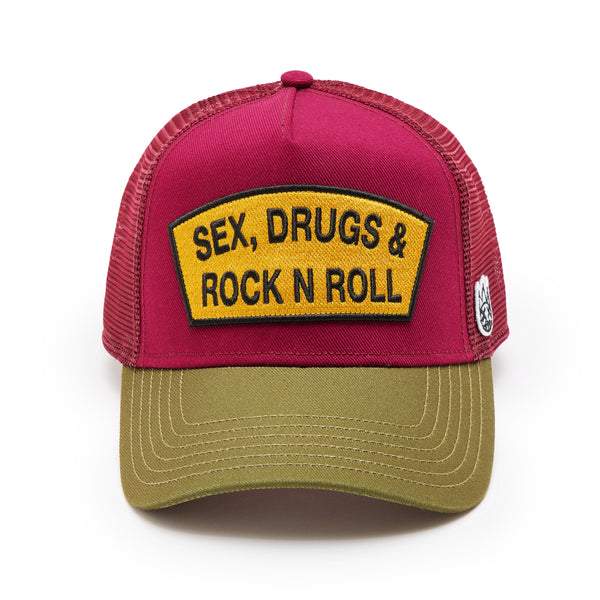 cult of individuality Cult's Logo Mesh Back Trucker Hat "Sex Drugs Rock N Roll" in Rumba Red Hats