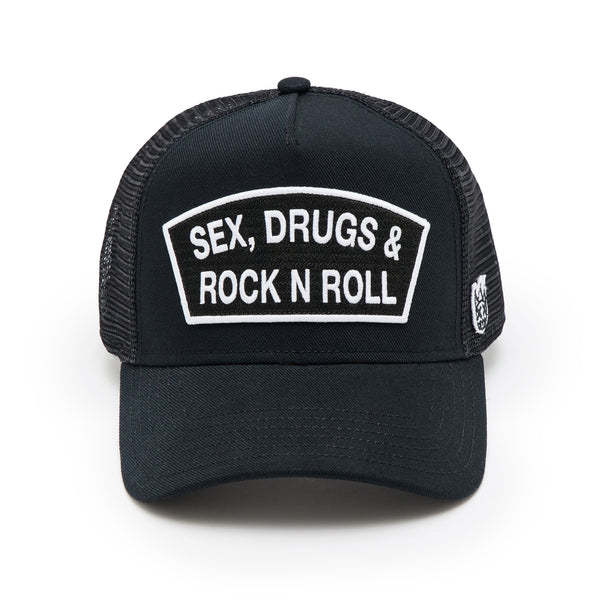 cult of individuality Cult's Logo Mesh Back Trucker Hat "Sex Drugs Rock N Roll" in Black Hats