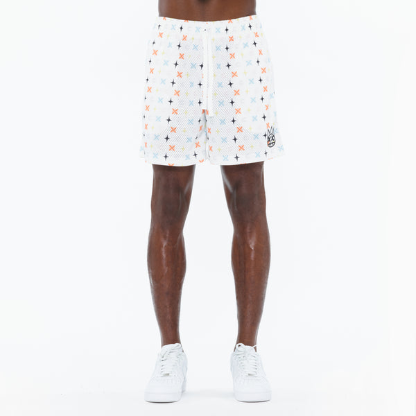 Cult Of Individuality Cult's Mesh Shorts In Cult Repeat Pattern White Sweatshorts