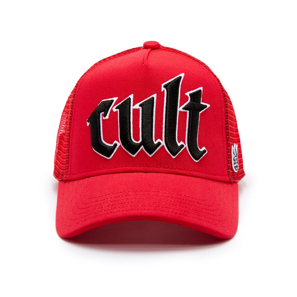 cult of individuality Cult's Old English Cult Logo Hat in High Risk Red Hats cult of individuality Cult's Old English Cult Logo Hat in High Risk Red Hats