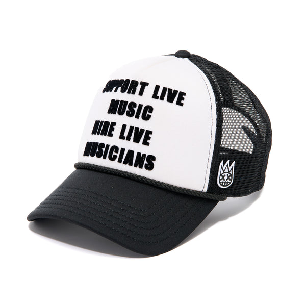cult of individuality Cult's Support Live Music Foam Mesh Trucker in White & Black Hats