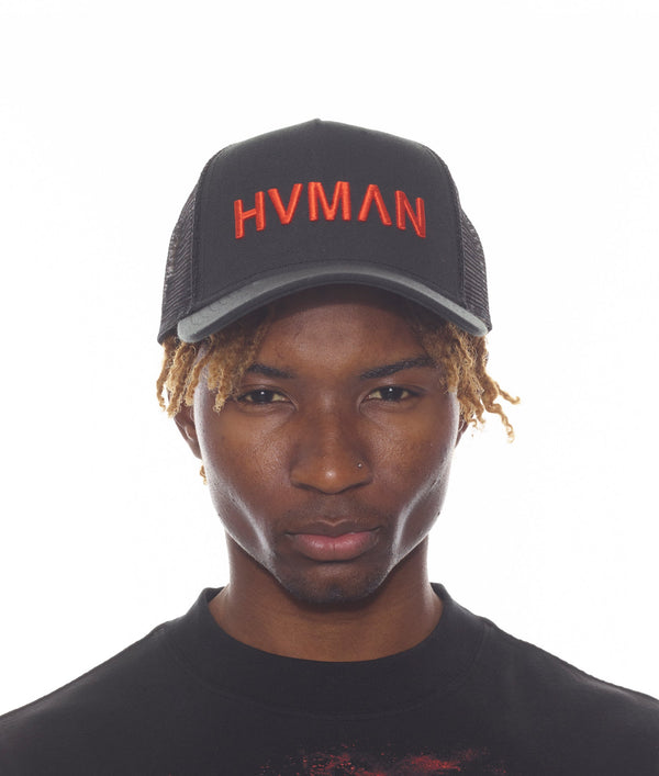 Cult Of Individuality HVMAN MESH TRUCKER CAP IN BLACK /W RED LOGO Hats