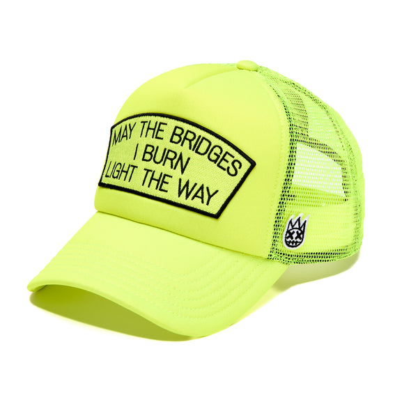 Cult Of Individuality Mesh Back Trucker Hat In Neon Yellow May The Bridges I Burn Hats